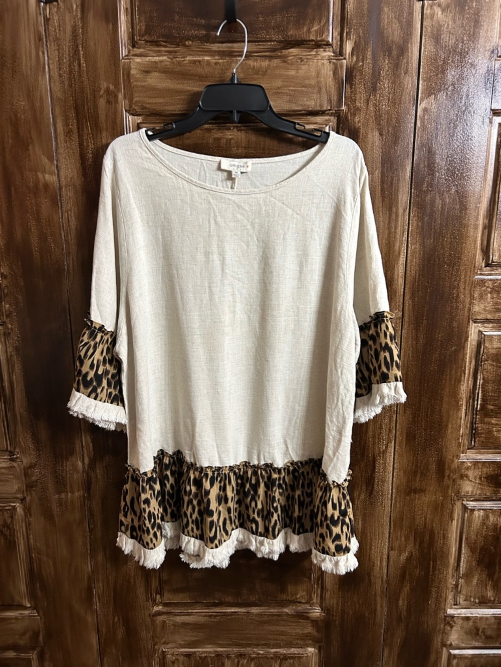 Umgee Cream Tunic with Leopard Ruffle Trim